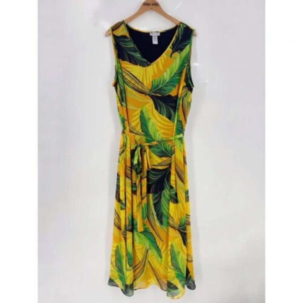 3 for $15 Catherines 22/24W Palm Leaf Tie Waist Maxi Dress Sleeveless V Neckline